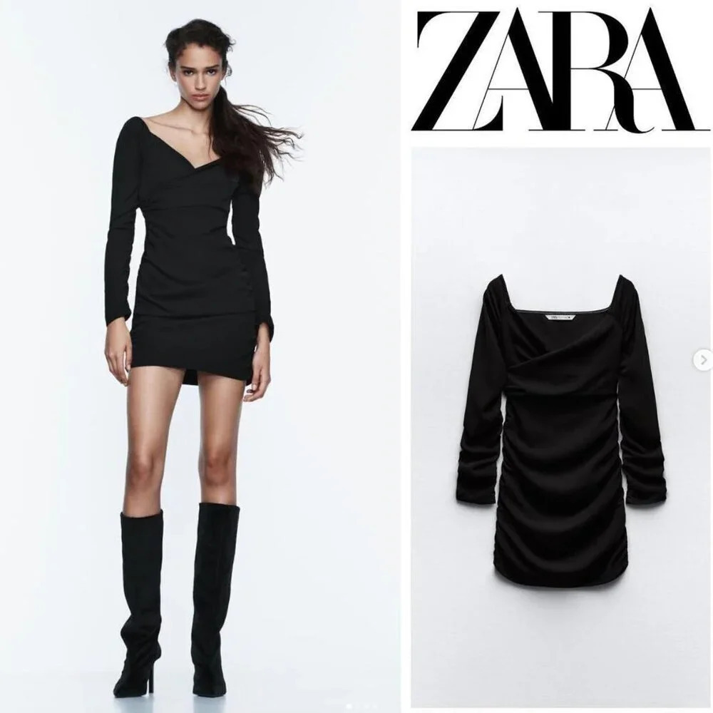 Zara Ruched V  Neck Long Sleeve Mini Dress Black Size Medium
